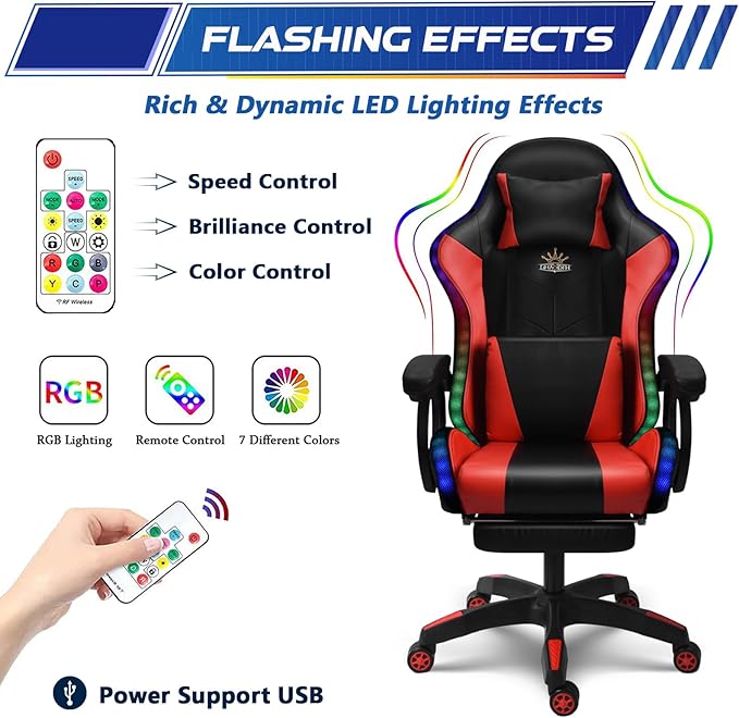 RGB Gaming Chair with Massage and Footrest Large Ergonomic Computer Desk Chair Video Gaming Chair with Speakers and Lumbar Support Height &amp Angles Adjustable Reclining Gamer ChairPink