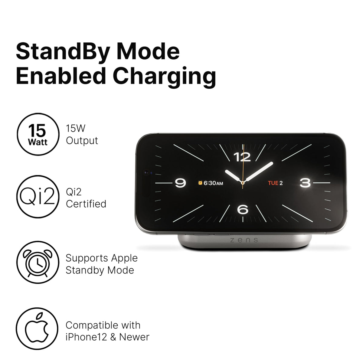 Zens Magnetic Nightstand Charger | MagSafe Qi2 15W | Landscape Only (No Vertical) | Standby Mode | Compatible with iPhone 17/16/15/14/13/12 | 20W