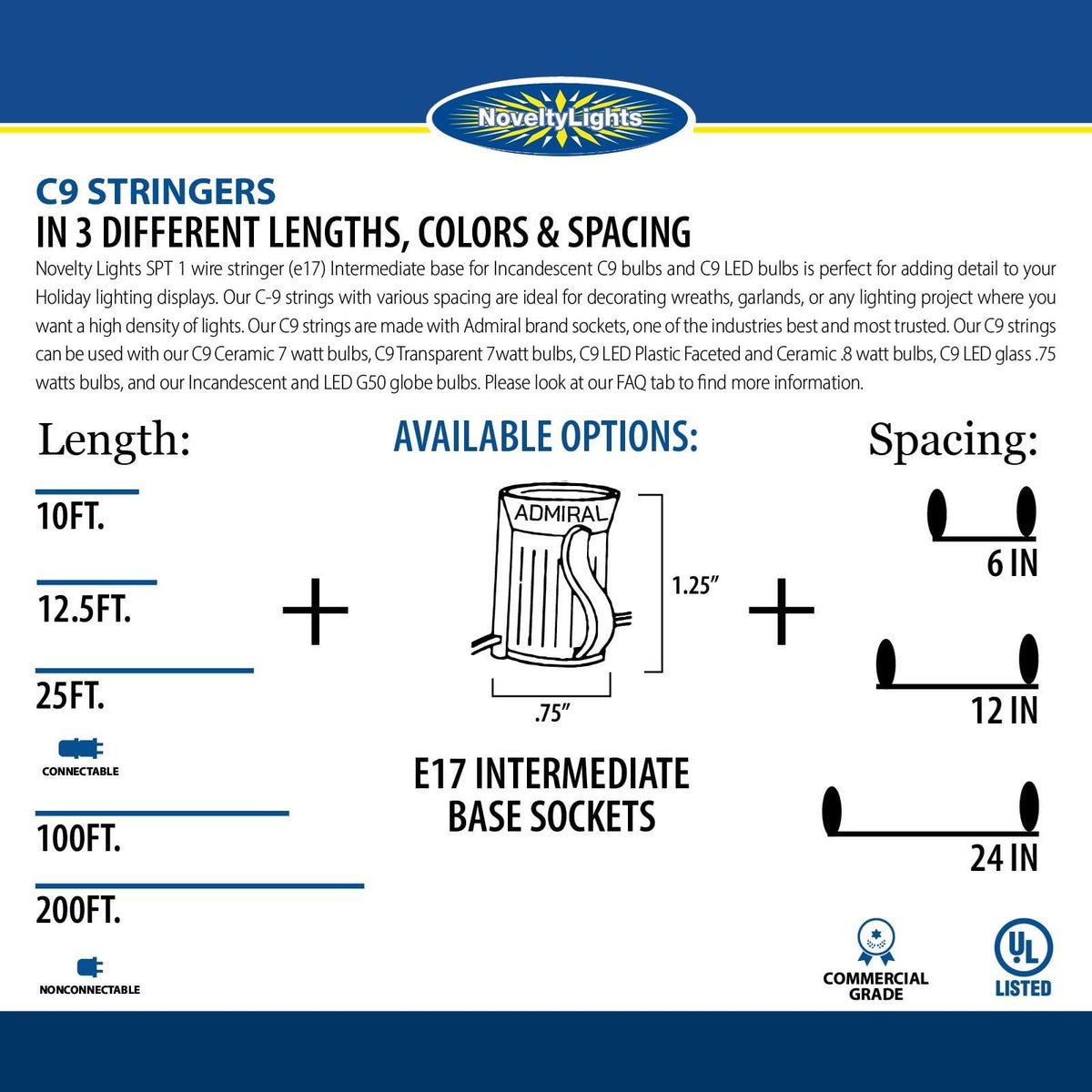 Novelty Lights 100 Foot C9 Outdoor String Light Christmas Stringer - Patio String Lights - Intermediate Base (C9/E17) - 12" Spacing - White Wire