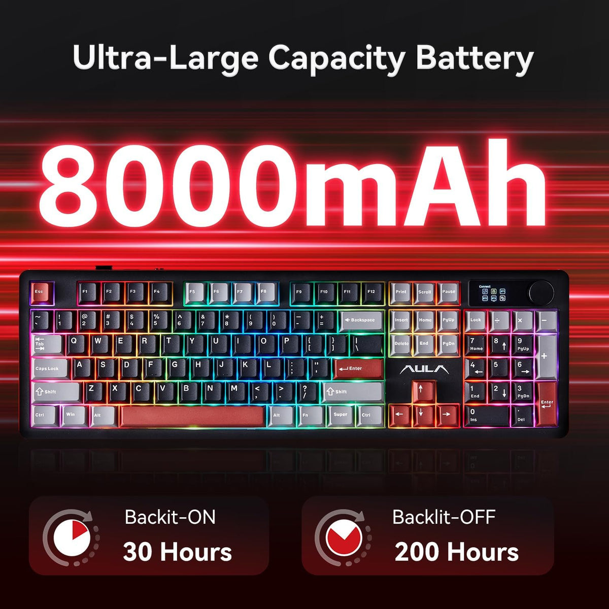 AULA F106 PRO Mechanical Wireless Keyboard,Gaming Keyboard with Knob & Screen Tri-Mode RGB Hot Swappable Custom PBT Keys with 8000mAh for PC/Laptop/Windows - Black Red