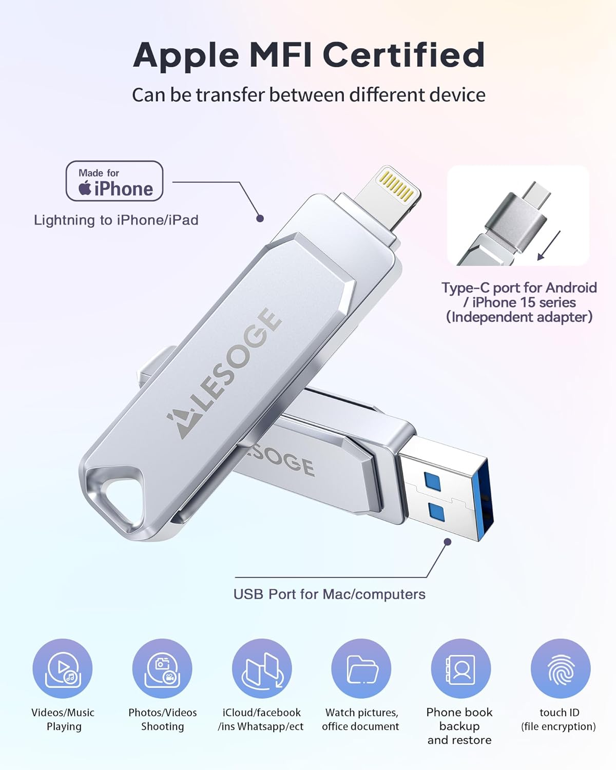 MFi Certified 128GB Flash Drive for iPhone, High Speed USB Memory Stick, External Storage for iPhone/iPad/Android/PC