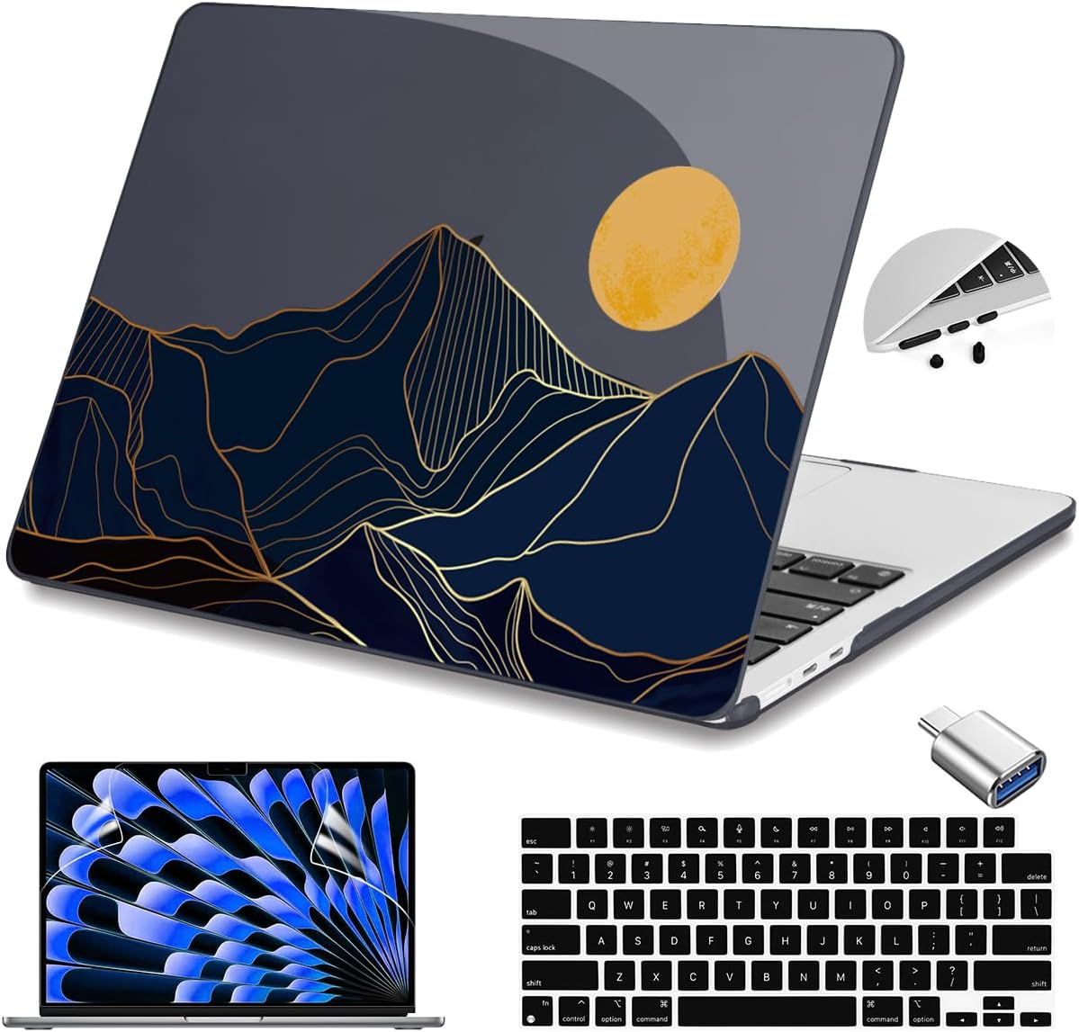 Teryeefi Compatible with MacBook Air 15 inch Case A2941 M2 A3114 M3 Release 2023 2024,Design Pattern Slim Cover + Keyboard Cover + OTG Adapter for 15.3 inch MacBook Air Liquid Retina, Mountain Line