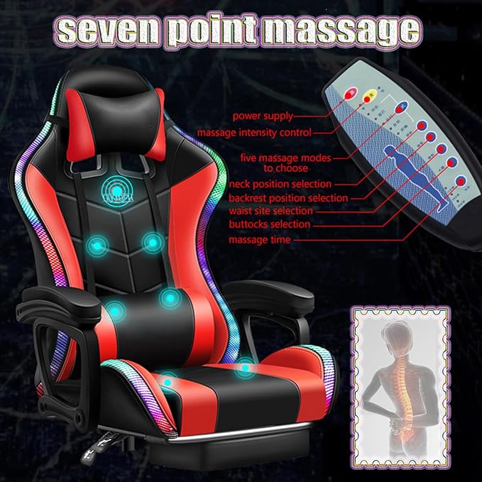 Gaming Chair Massage with Bluetooth Speakers and Led Lights Ergonomic Computer Gaming Chair with Footrest RGB Video Game Chair with High Back Lumbar SupportPink