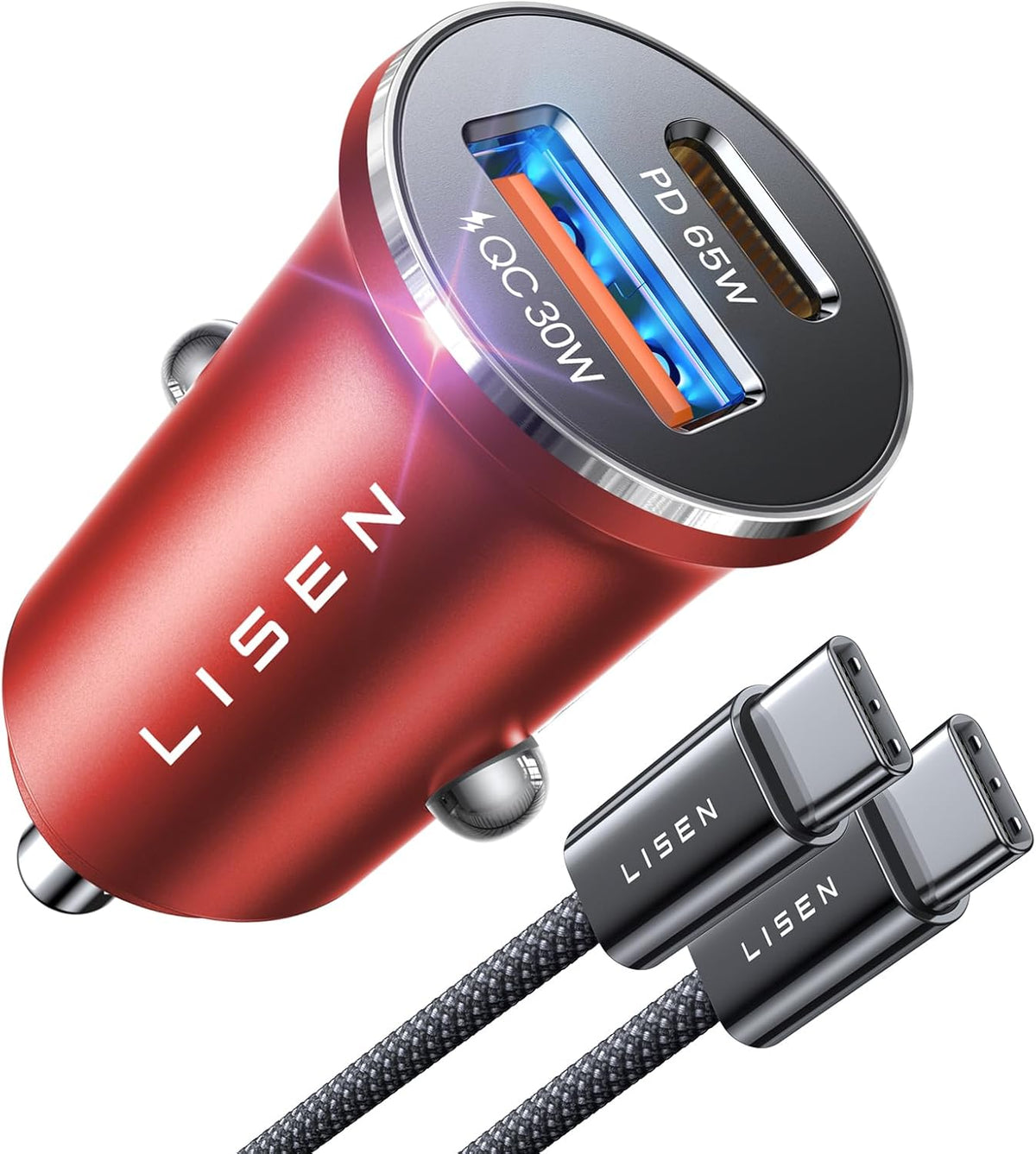 LISEN USB C Car Charger Adapter Fast Charge 95W [All Metal] Dual Port USB Charger for iPhone 15 Pro Max Plus 14 - Red