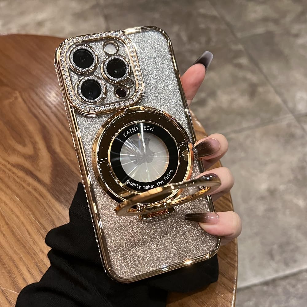 Magnetic Kickstand (Glitter Lens Protector ) Case for iPhone 16 15 14 13 Pro Max (Compatible with Magsafe ) Sparkling Diamond Cover Glitter Shiny Rhinestone Cases (Gold,for iPhone 16 Plus)