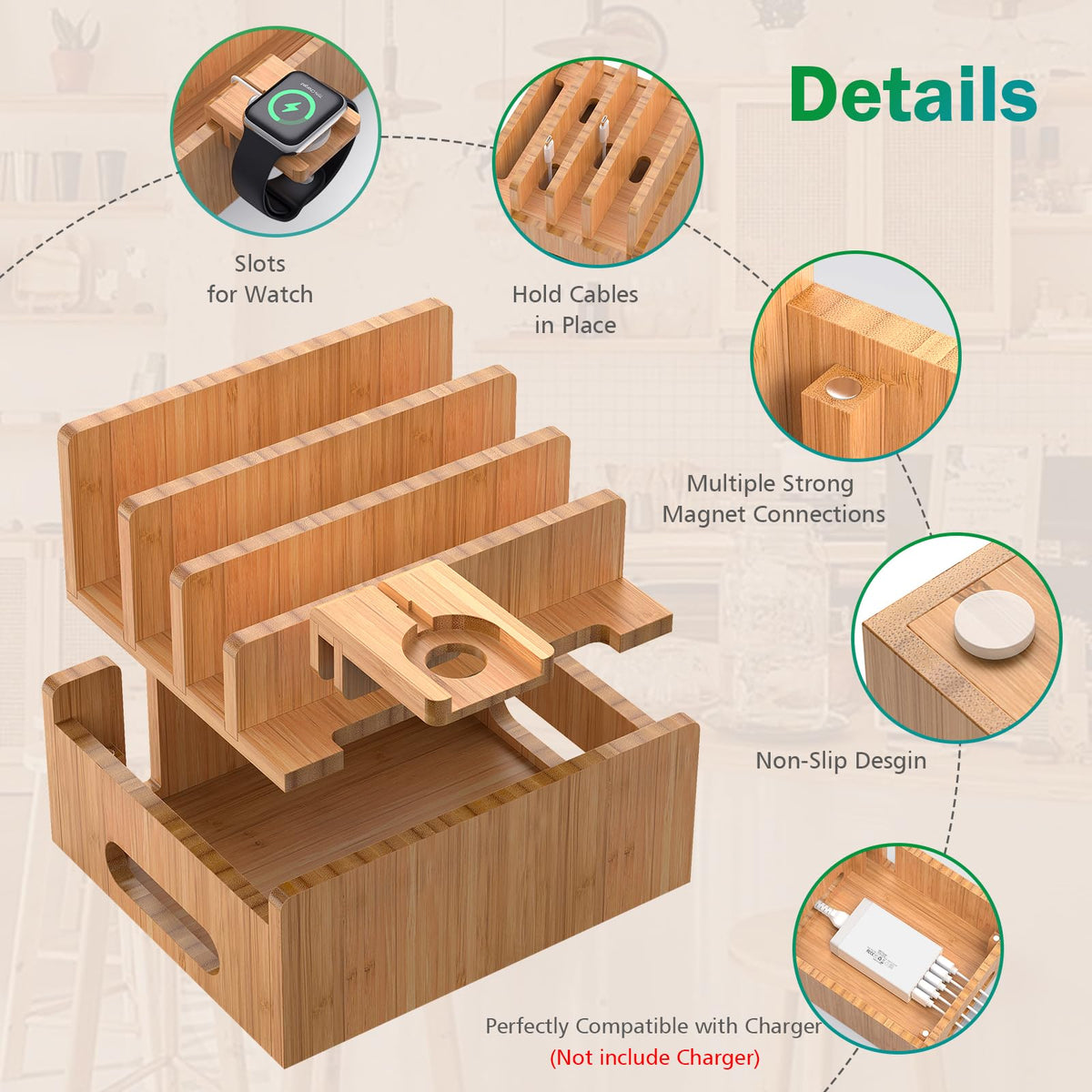 Pezin & Hulin Cell Phone Charging Stations, Bamboo Dock Organizer for Multi Devices, Tablets, Smart Watch, with Pack 5 Cables, No Power Charger Supply