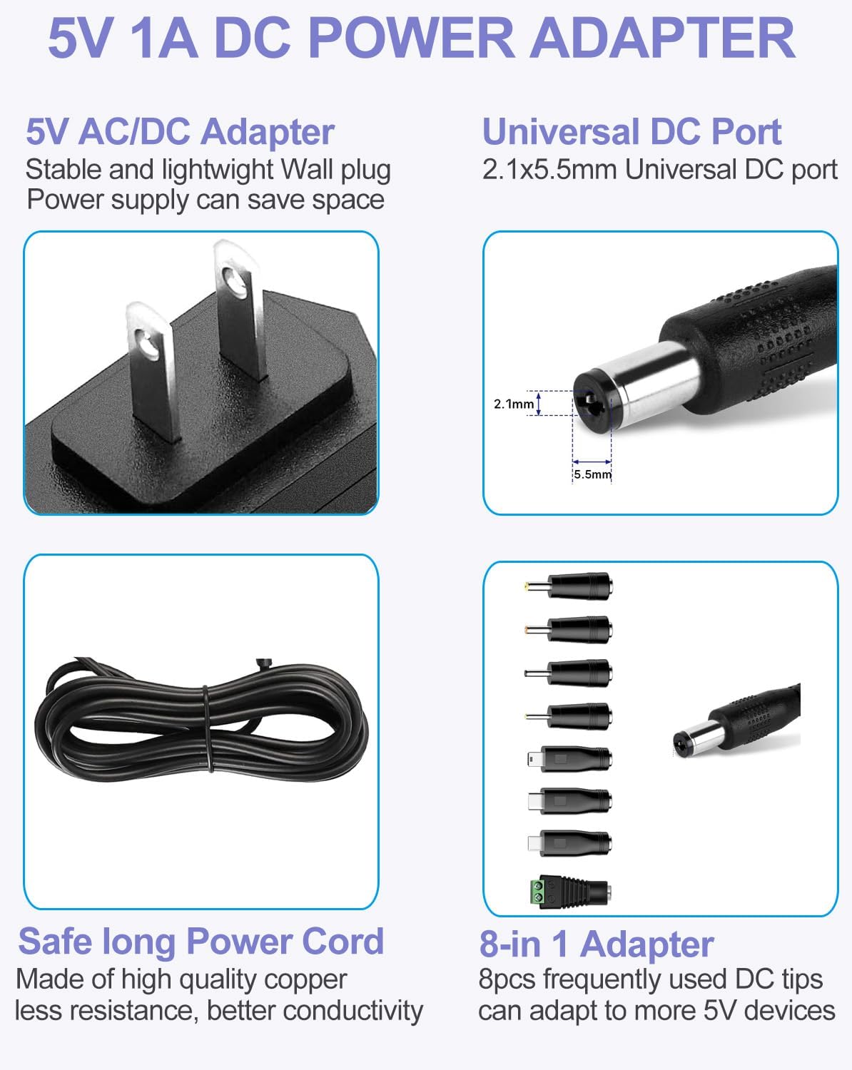 iCreatin 5V 1A 5W 100V-240V 5 1Amp 0.5A Power Supply Adapter AC/DC Charger AC to DC Volt Replacement Power Cord USB