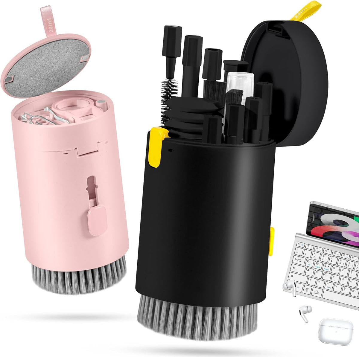 walrfid 2pcs Computer Keyboard Cleaner Kit, Laptop Screen Cleaning Spray for iPhone AirPod Phone MacBook iPad, 20-in-1 Electronic Clean Brush Tool for Earbud iPod TV Earphone Camera, Black Pink