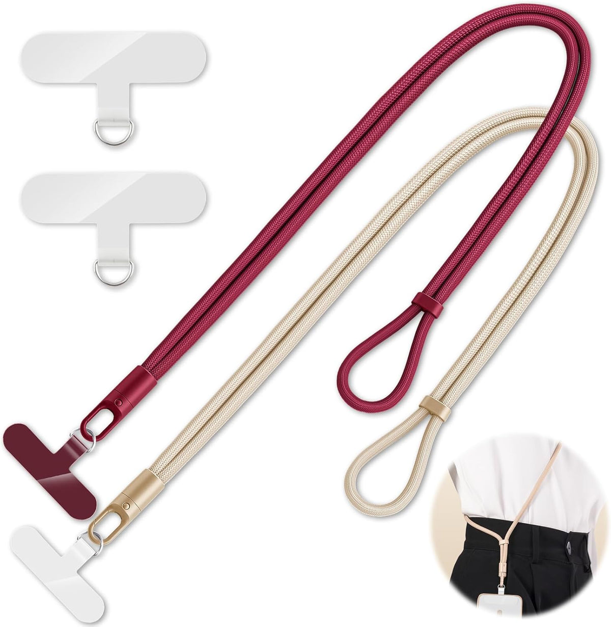 2 Pack Phone Lanyard,2×Phone crossbody strap,4×Tether Tabs,Universal Cell Phone Multifuctional Patch Polyester Lanyards,Cell Phone Lanyards for Women and Men(wine+light camel)