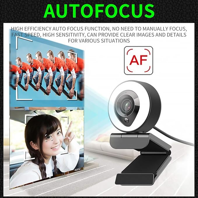 Mikikit 4k Auto-Focusing USB Webcam with Mic HD Computer Camera with Fill Light for Live Streaming and Video Calls Compatible with Laptop and Desktop