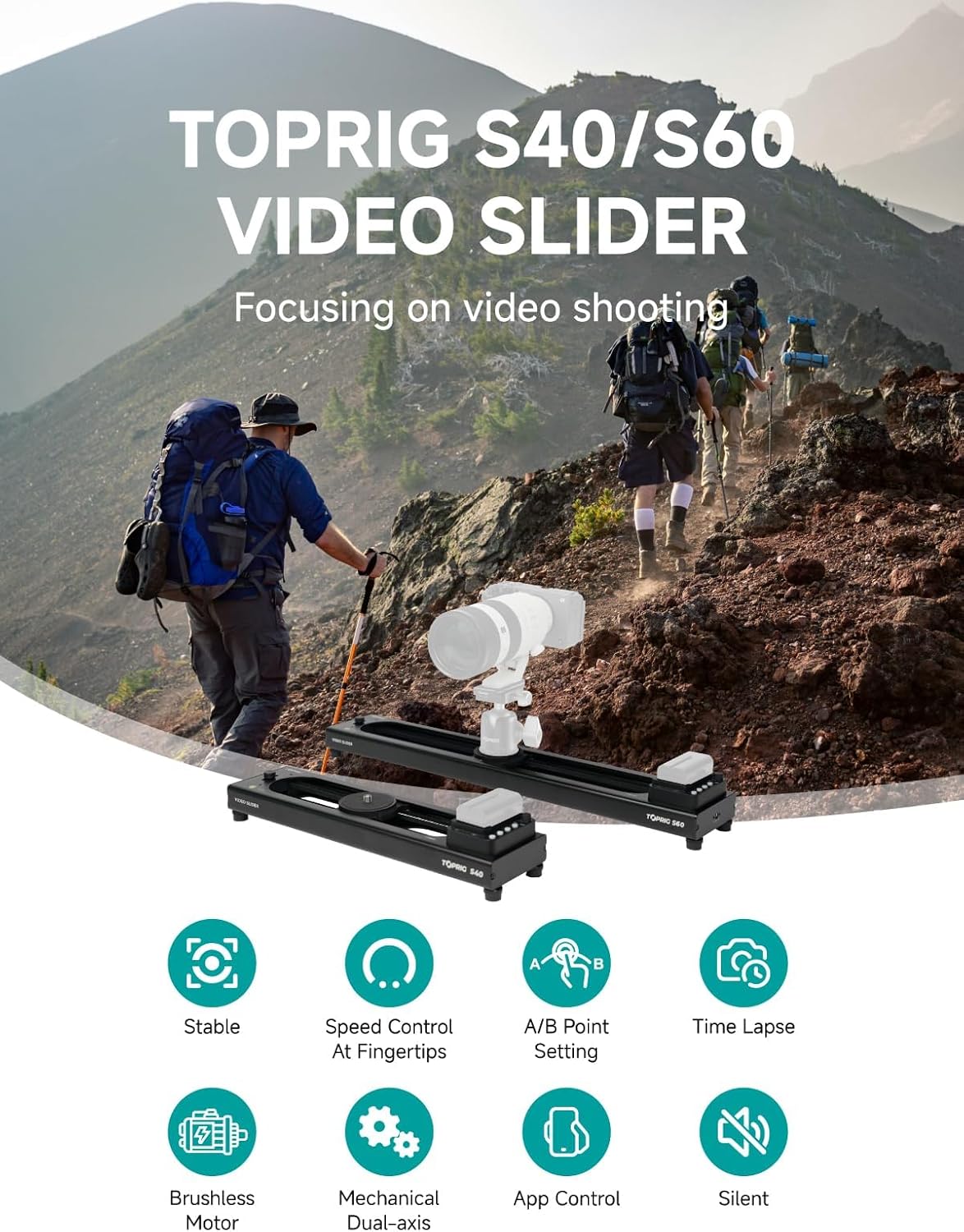 Accsoon Toprig Video Slider, 16''/40cm Motorized Camera Slider with Full Button Control, Support APP-Video Mode/Time-Lapse/Loop Mode, Speed Control Konb, 120° Panoramic Shooting for Photographer