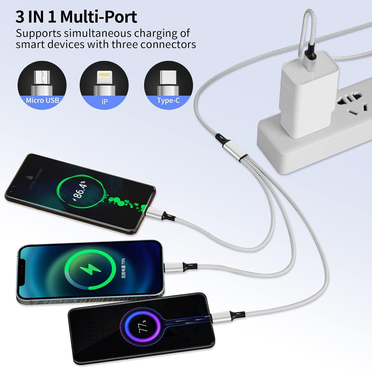 Multi Charging Cable, Multi 3 in 1 iPhone Charging Cable, Lightning/Type-C/Micro USB Universal Adapter 1.8M/6FT Long
