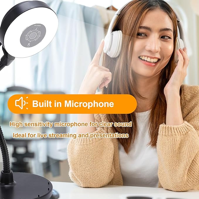 Webcam with Light 5MP Auto Focus USB Webcam for PC with Microphone 3 Adjustable Color Modes Aluminum Alloy Bendable Rod for Live Streaming Online Classes