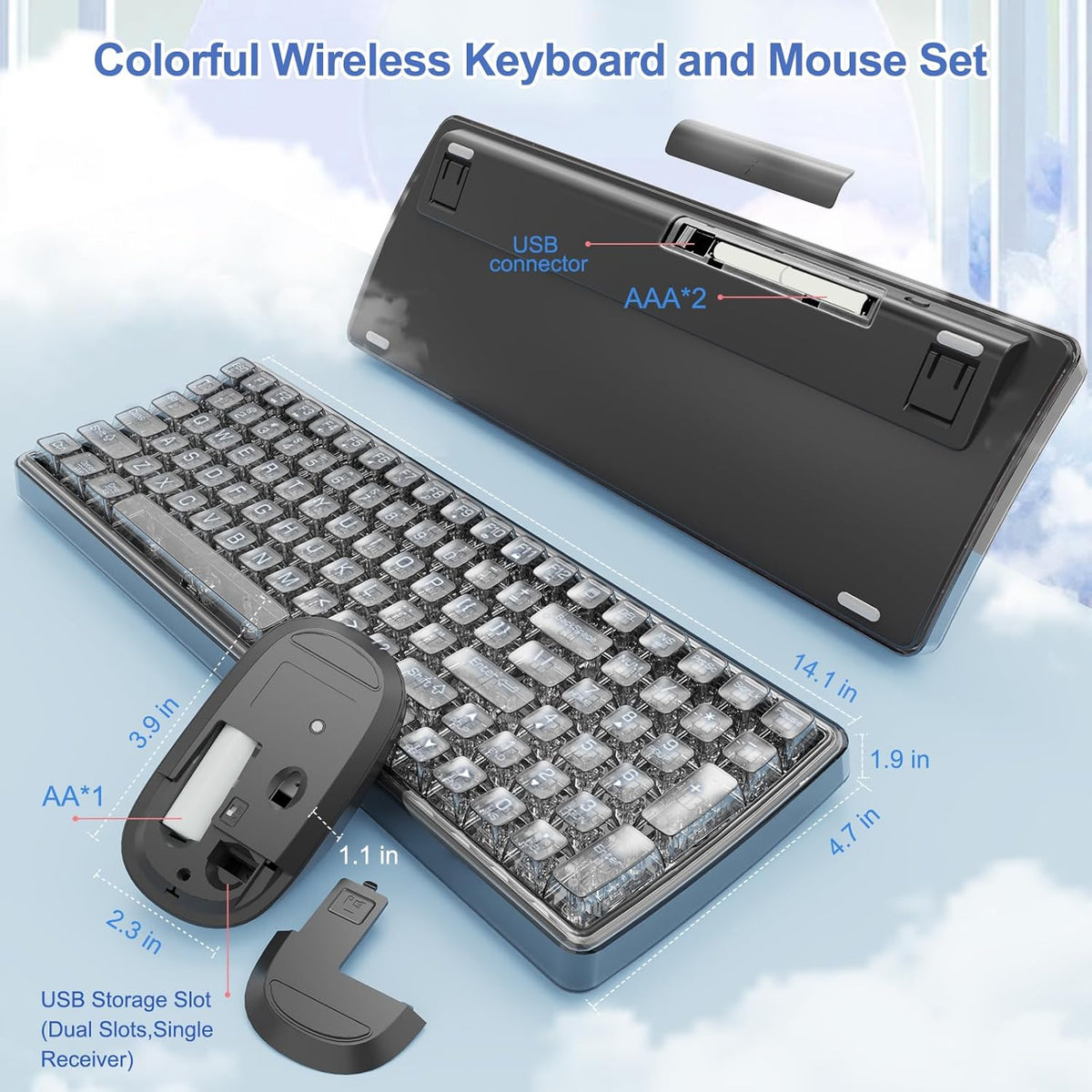 Wireless Transparent Keyboard and Mouse Combo with Soft Wrist Rest, Ergonomic Full-Size with Clear Keycaps, Compatible