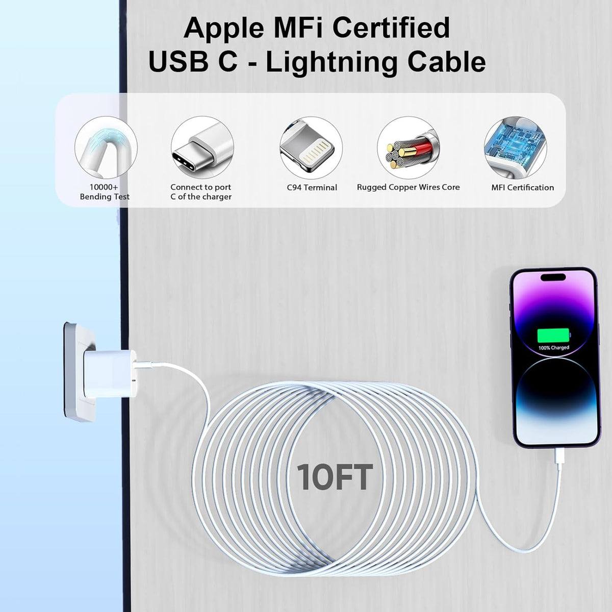 iPhone Charger Fast Charging 10 ft,[Apple MFi Certified]2Packs PD USB C Wall Charger Block 2in1 Adapter Apple Fast Charger 10FT USB C Lightning Cable for iPhone 14 Pro Max/14 Pro/14/13/12/11 Pro Max/X