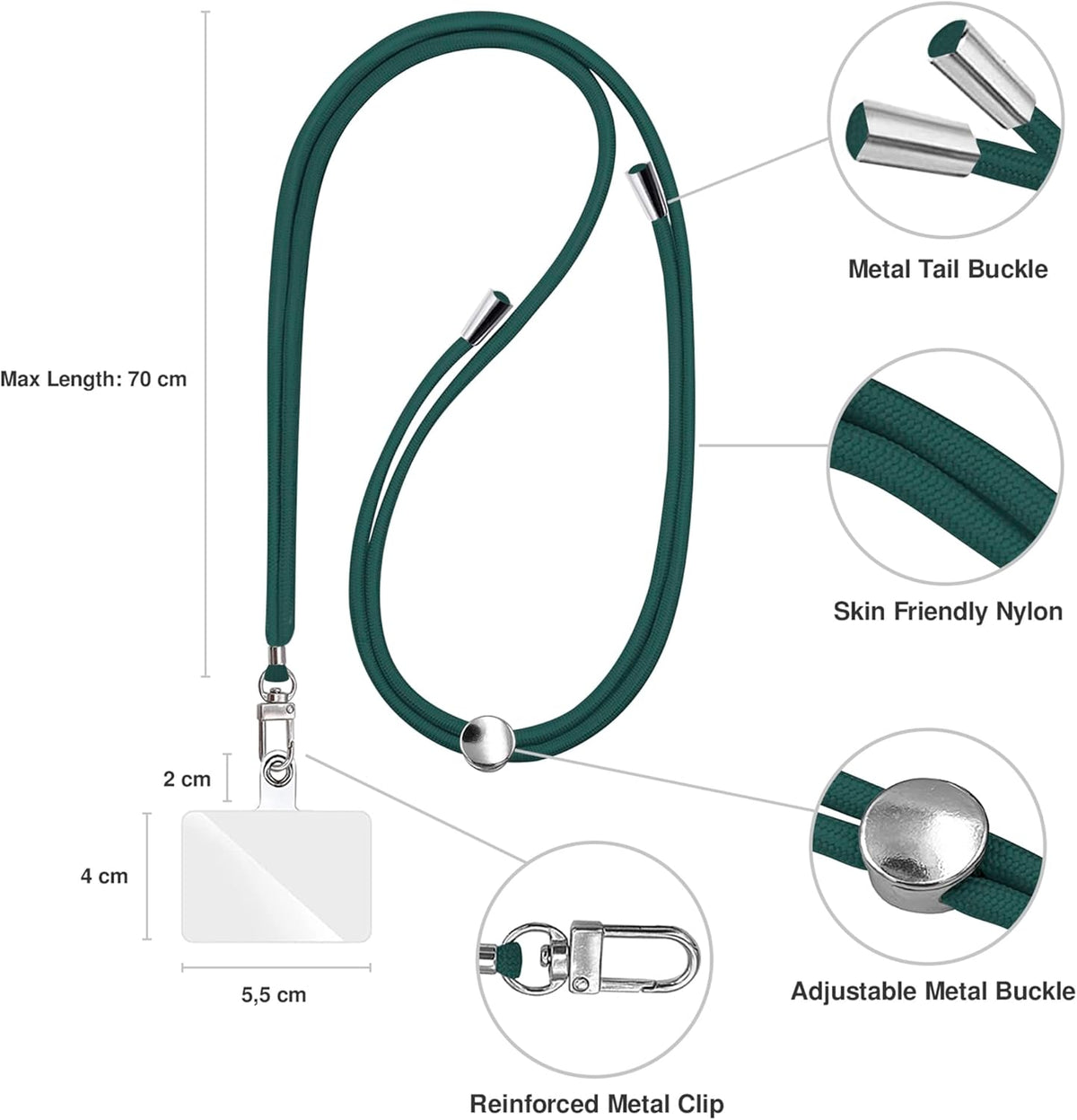 Cell Phone Lanyard [Dark Green] - Comfortable Universal Smartphone Lanyard - Easy to Use Neck Phone Holder [Clear Patch] - Adjustable Length Phone Strap Crossbody - Fits All Mobile Phones