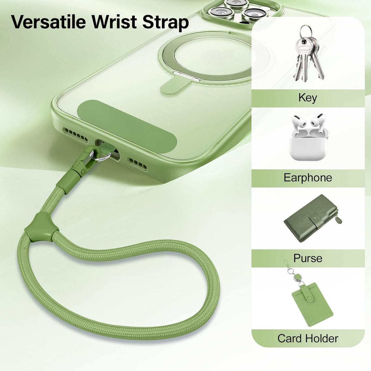 Phone Wrist Strap, Universal Adjustable Hand Wrist Strap Lanyard for iPhone 16 and Most Smartphones, Multifunctional Patch Lanyard with Phone Tether Tab for Women and Men, Matcha Green