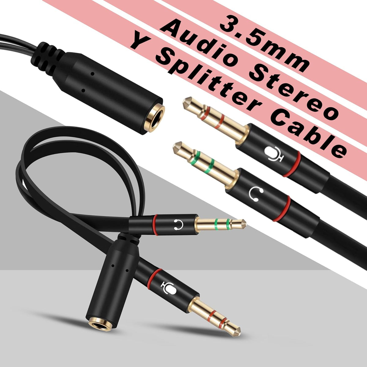 SaiTech IT 3.5mm Headphone Splitter for Computer, 3.5mm to 2 Dual Mic Audio Y Splitter Cable, 2 Pk Black