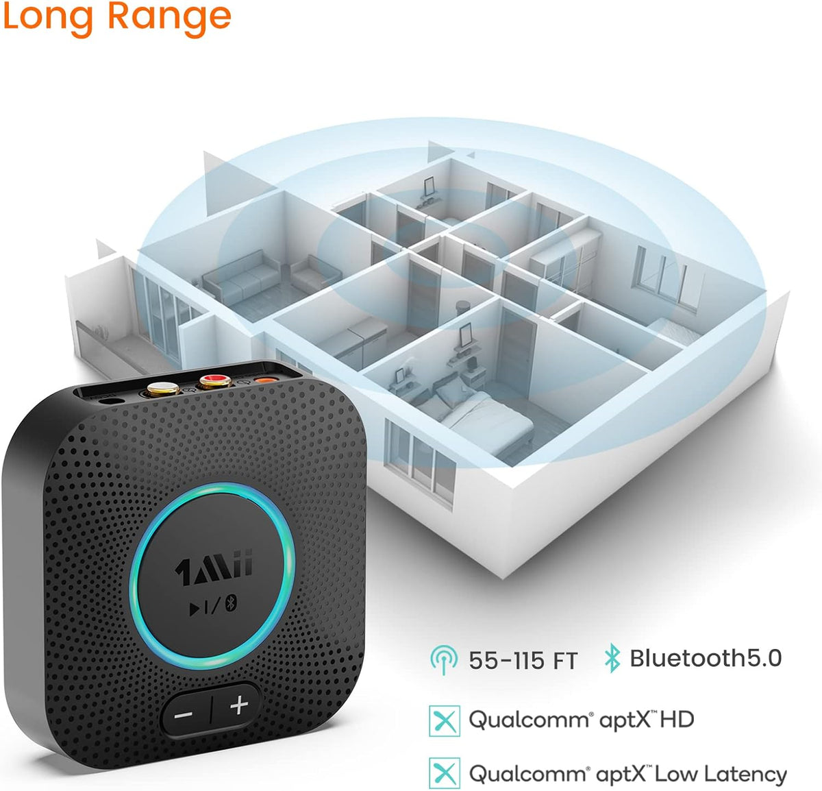 1Mii B06S Bluetooth 5.2 Receiver for Music Streaming System, Hi-Fi Wireless Audio Adapter for Stereo Receiver w/aptX HD aptX Low Latency, Bluetooth Receiver w/Volume Control RCA/3.5mm Outputs