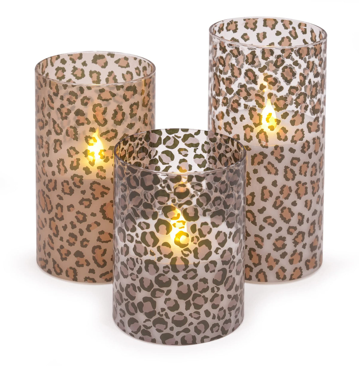 Mark Feldstein & Associates Wild Leopard Animal Print Flameless Led Glass Pillar Candles, Set Of 3, 6 Inch