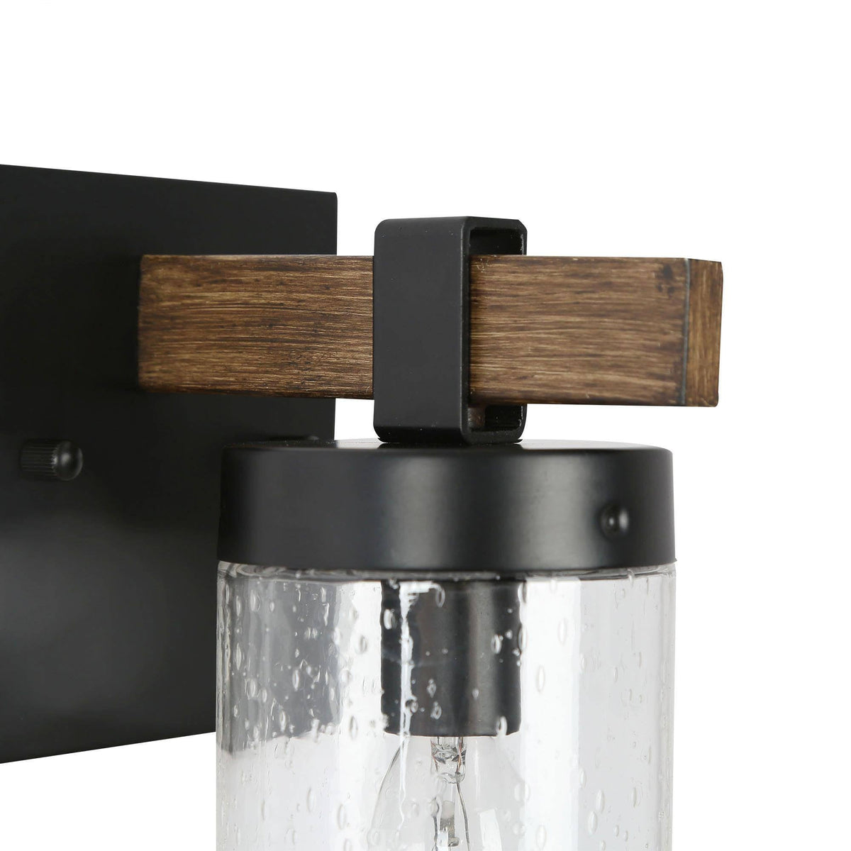 GEPOW Sconces Wall Lighting, 1-Light Black and Faux Wood Wall Sconce Light, Modern Bedroom Bathroom Wall Sconces Indoor with Seeded Glass Shade