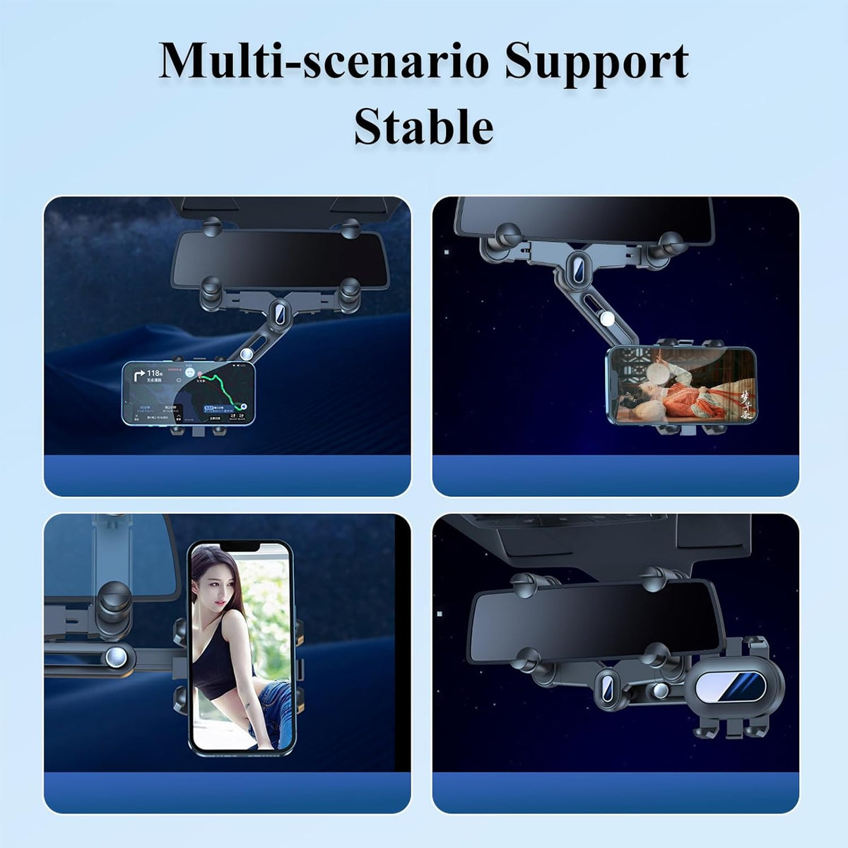 Rear View Mirror Phone Holder - Rotatable and Retractable Mount for iPhone Google Samsung 4-7IN Cell Phones
