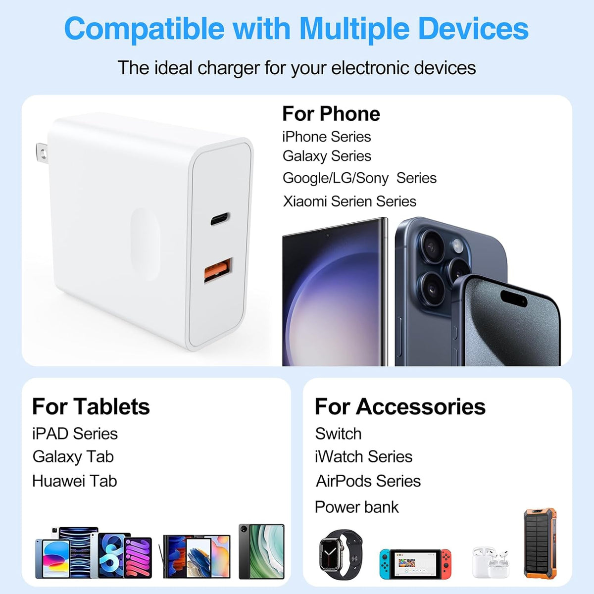 GOODaaa PD 20W Wall Charger with Cable, Dual Ports Fast Charging Power Adapter for All iPhone Series and Android Devices