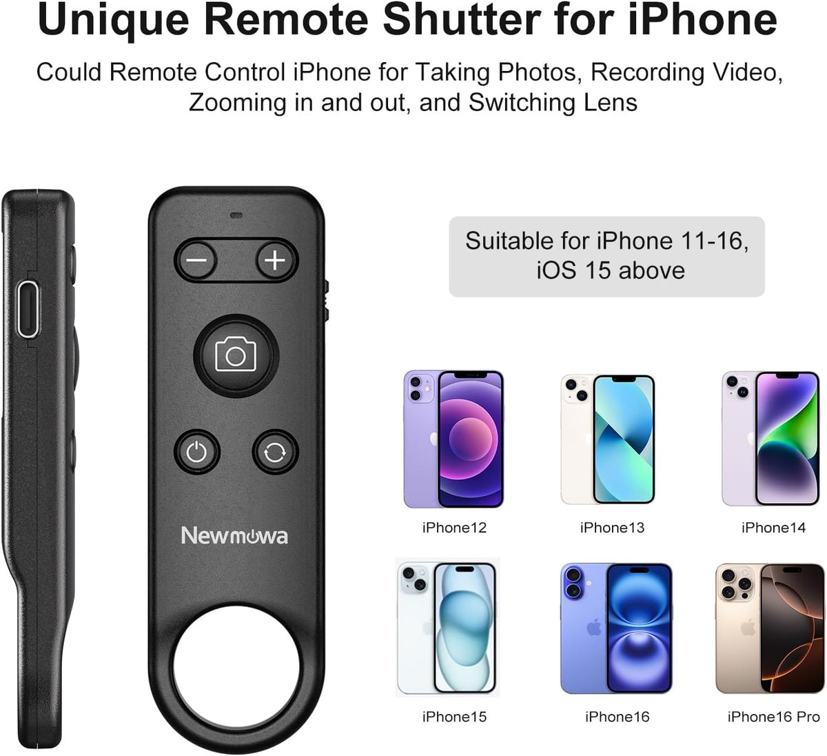 Newmowa Phone Wireless Bluetooth Remote Control, Support Video Photo Shooting/Zooming/Lens Switching, Rechargeable Remote Shutter for Selfie Vlog, ONLY Compatible with iPhone(iOS 15 Above)