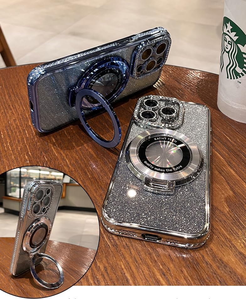 Magnetic Kickstand (Glitter Lens Protector ) Case for iPhone 16 15 14 13 Pro Max (Compatible with Magsafe ) Sparkling Diamond Cover Glitter Shiny Rhinestone Cases (Silver,for iPhone 16 Plus)