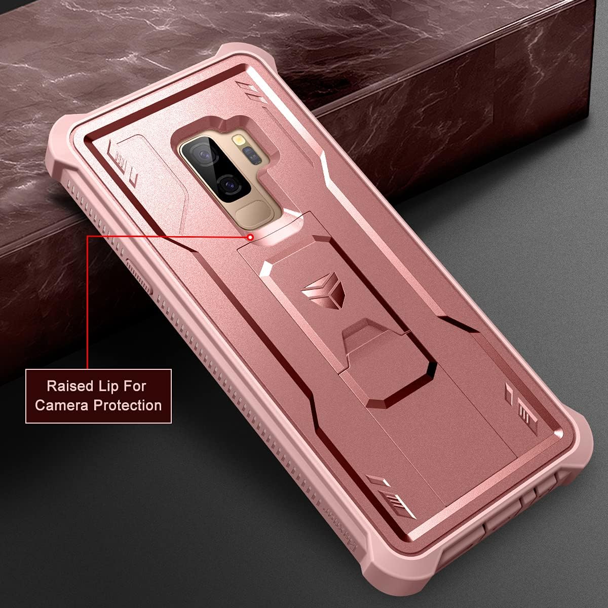 Dexnor Heavy Military Grade Case for Samsung Galaxy S9+ Plus, Built-in Screen Protector and Kickstand, Rose Gold