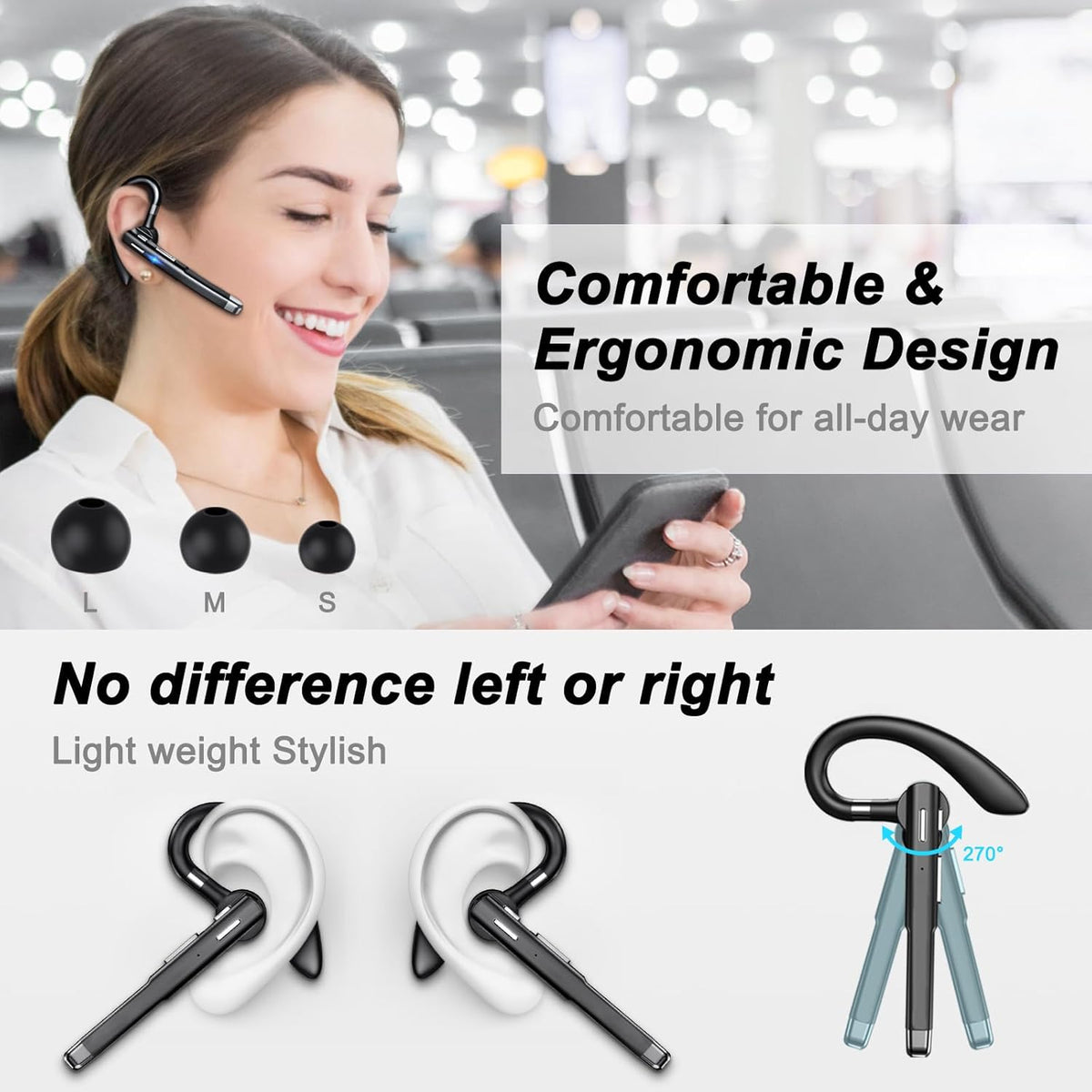 Bluetooth Headset, Wireless Earpiece with 500mAh Charging Case, 100Hrs Talking Time Built-in Dual Microphone 270° Rotatable Hand-Free Noise Canceling Headphones for Office/Trucker/Business