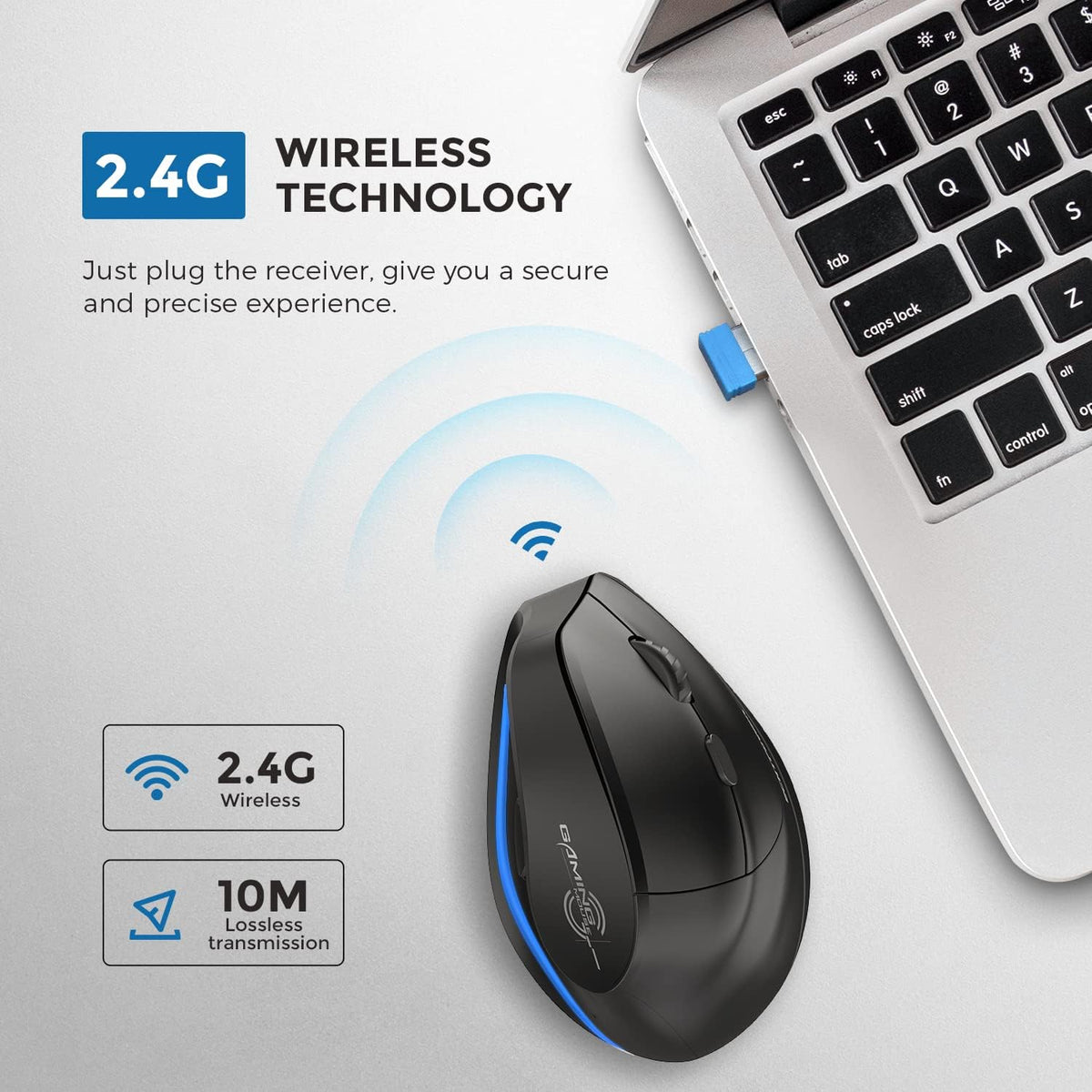 ECHTPower Ergonomic Wireless Mouse, Vertical Mouse with Adjustable DPI, Rechargeable with LED Light