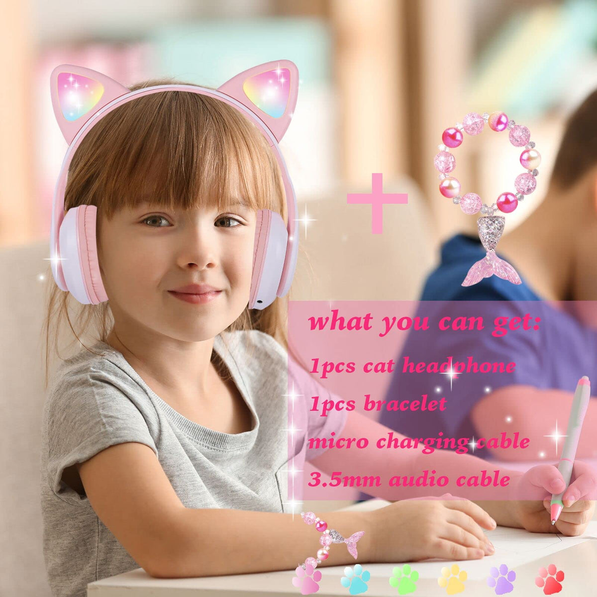 kuyaon Wireless Headphones for Kids, Cat Ear LED Light Up Bluetooth Kids Headphones with Microphone for School/Travel/Sports/Gaming/Gifts/Christmas