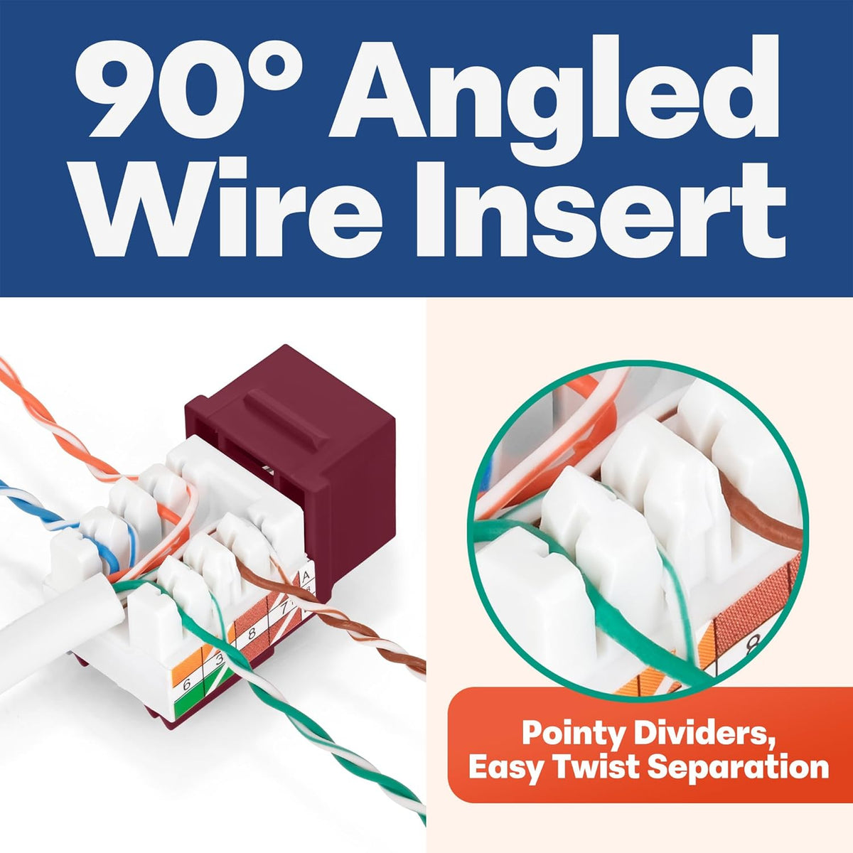 Everest 90° Angled RJ45 Cat5e Keystone Jacks 50-Pack in Red - Slim Profile Female RJ45 Connectors - Cat 5e Keystone Jack - Compatible with 90° Angled Speed Termination Tool - easyJACK (B094WB91H3)