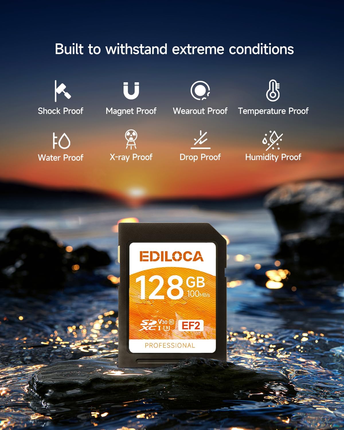 EF2_128GB UHS-I SD Card, Fast Storage with Read Speed 100MB/s, Write Speed 90MB/s, C10, U3