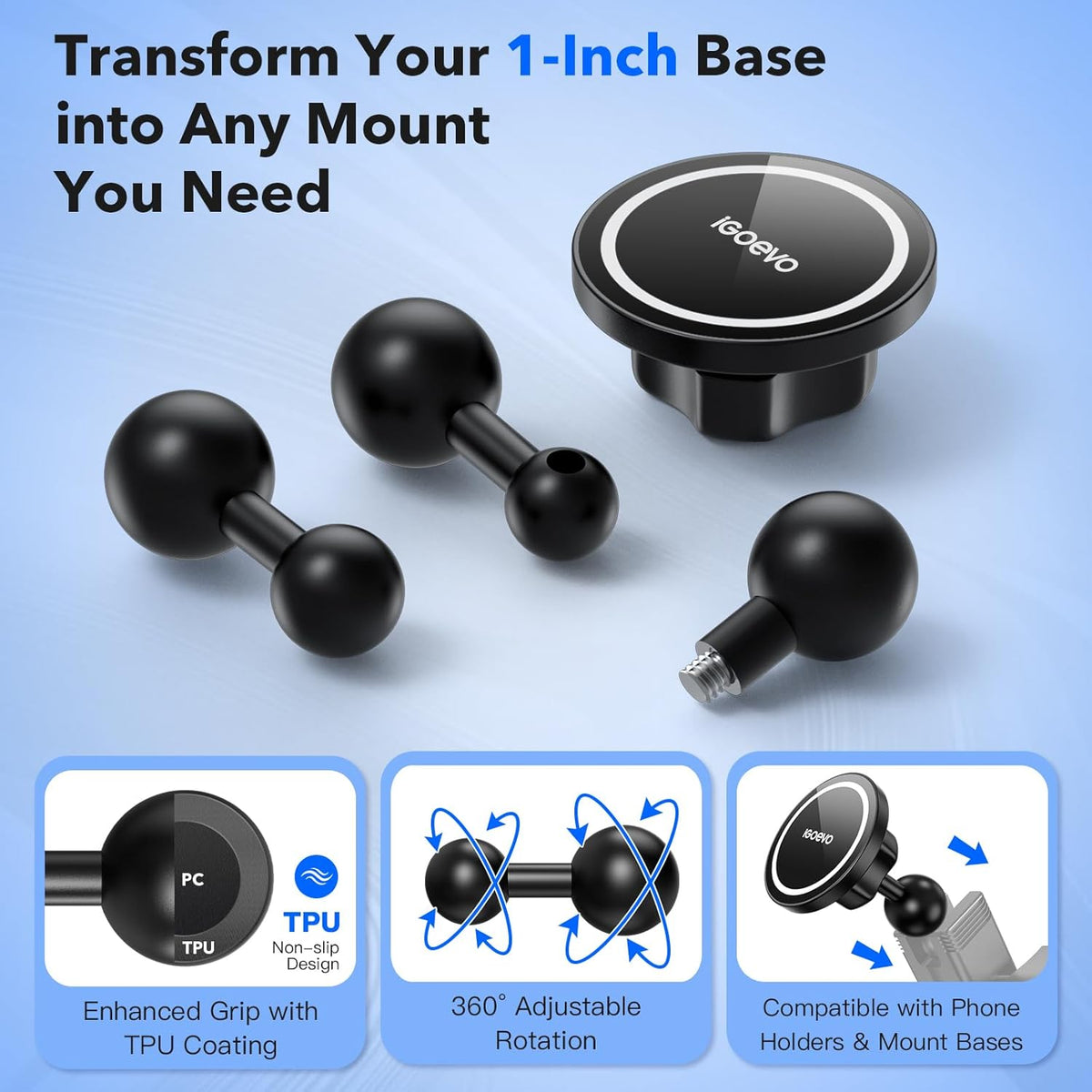 iGoevo 1-Inch 20mm 17mm 1/4"-20 (B Size) Ball Adapter Kit for RAM Mounts Includes Ball Adapter, Ball Adapter, Stud