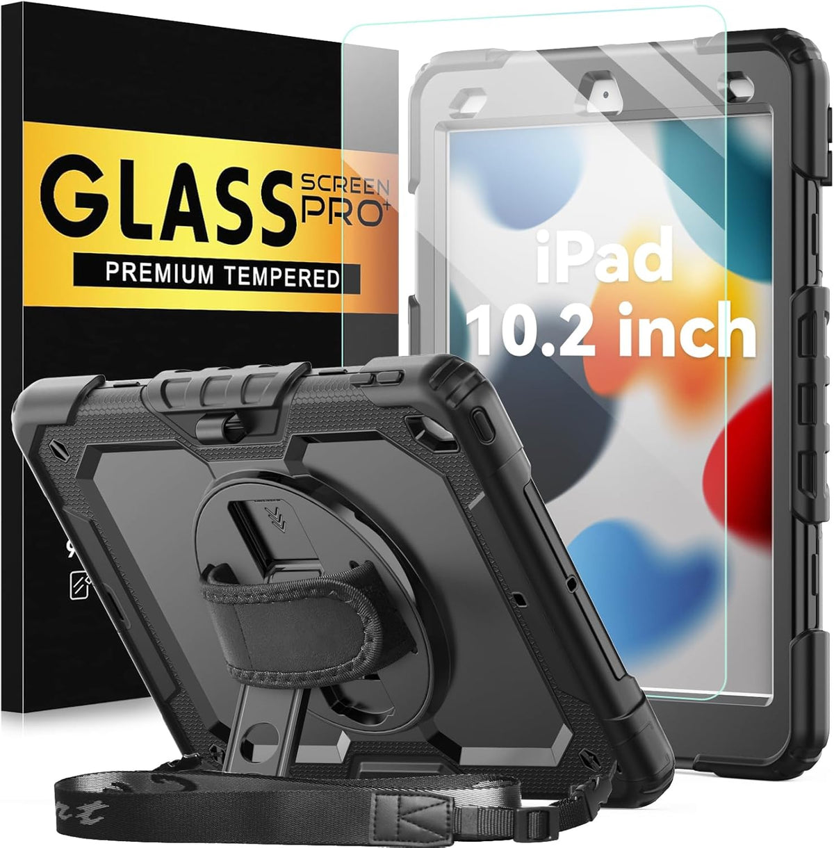 BLOSOMEET Case for iPad 9th/8th/7th Generation 2021/2020/2019 10.2 Inch with Tempered Glass Screen Protector & Pencil Holder,Protective Kids iPad 10.2 Case Cover w/Stand Hand Shoulder Strap,Black