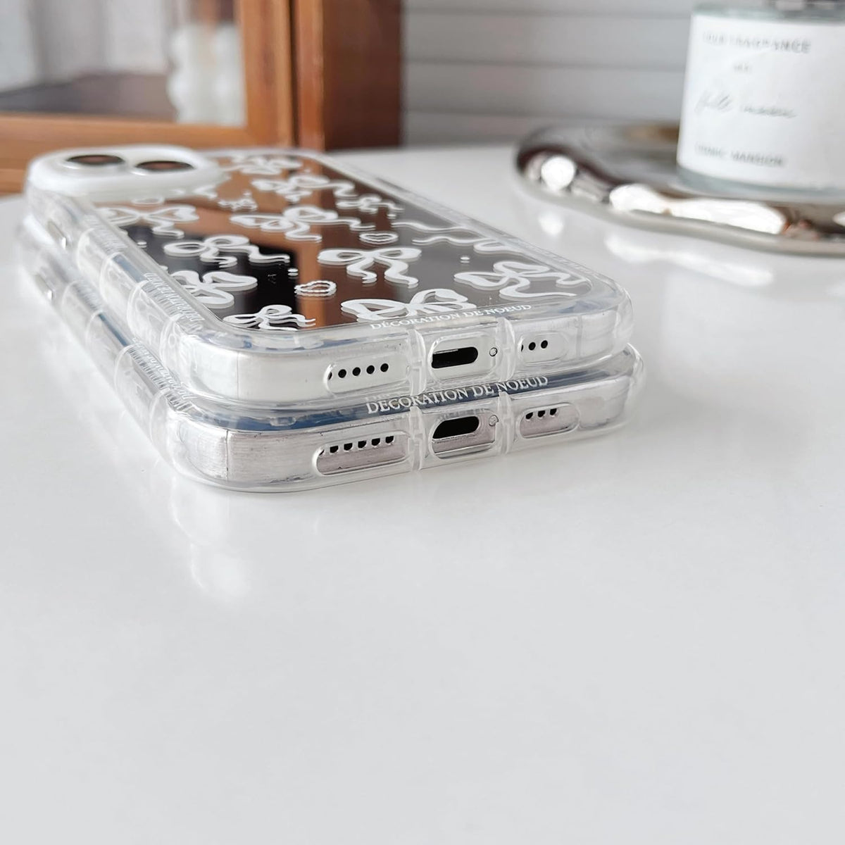 Love Heart Bow Plating Mirror Soft Phone Case Compatible with iPhone 12 Pro Max, Silver