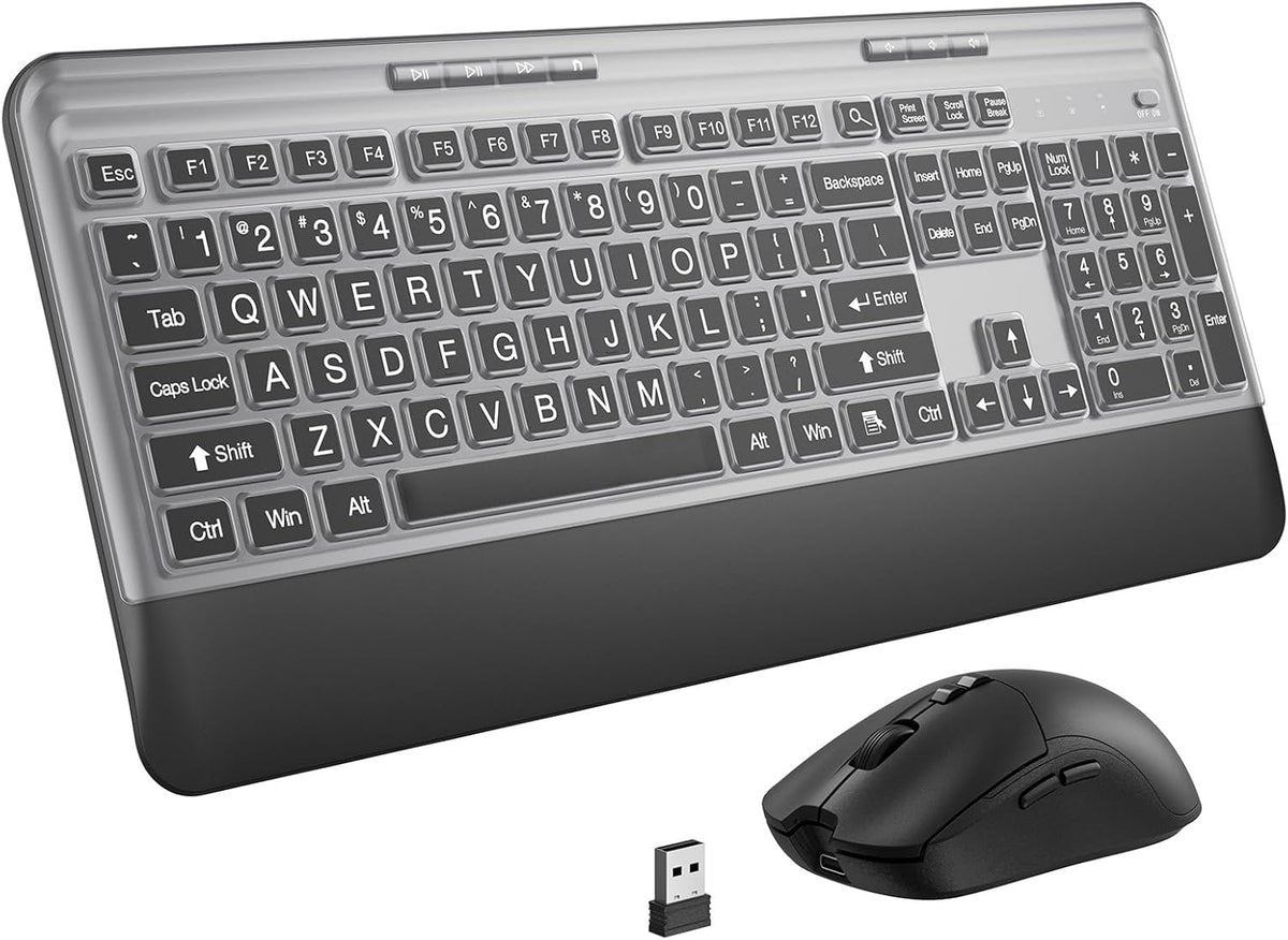 Silent Wireless Keyboard and Mouse Combo - Keyboard with Large Print Cover, 2.4GHz Full-Sized Ergonomic Keyboard with Wrist Rest and Mouse for Laptop, PC, Notebook, Desktop