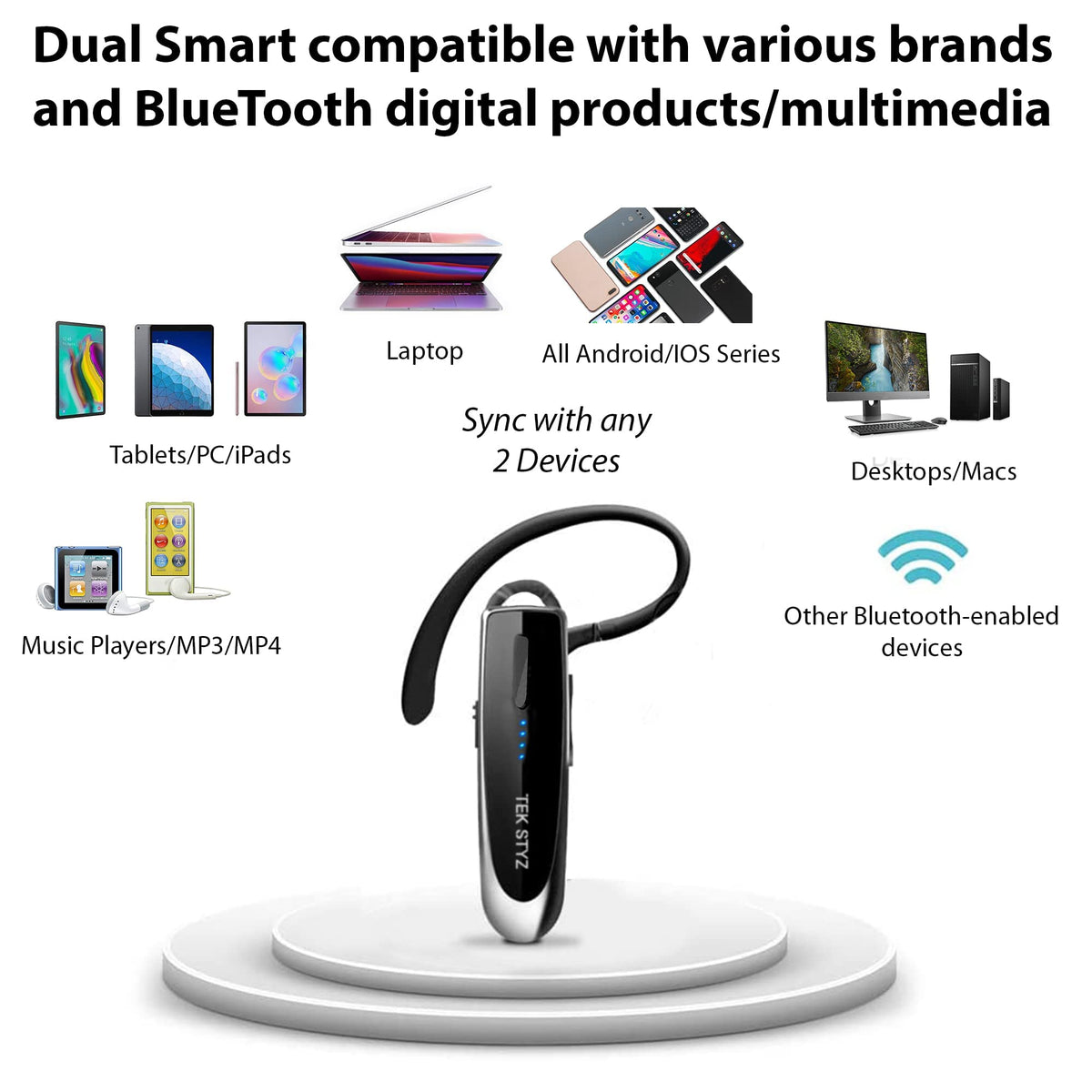 Tek Styz Bluetooth 5.3 Headset Compatible with Kyocera DuraXV Extreme Wireless Earpiece, IPX5 Waterproof, Dual Microphones, Noise Reduction, 60 Days