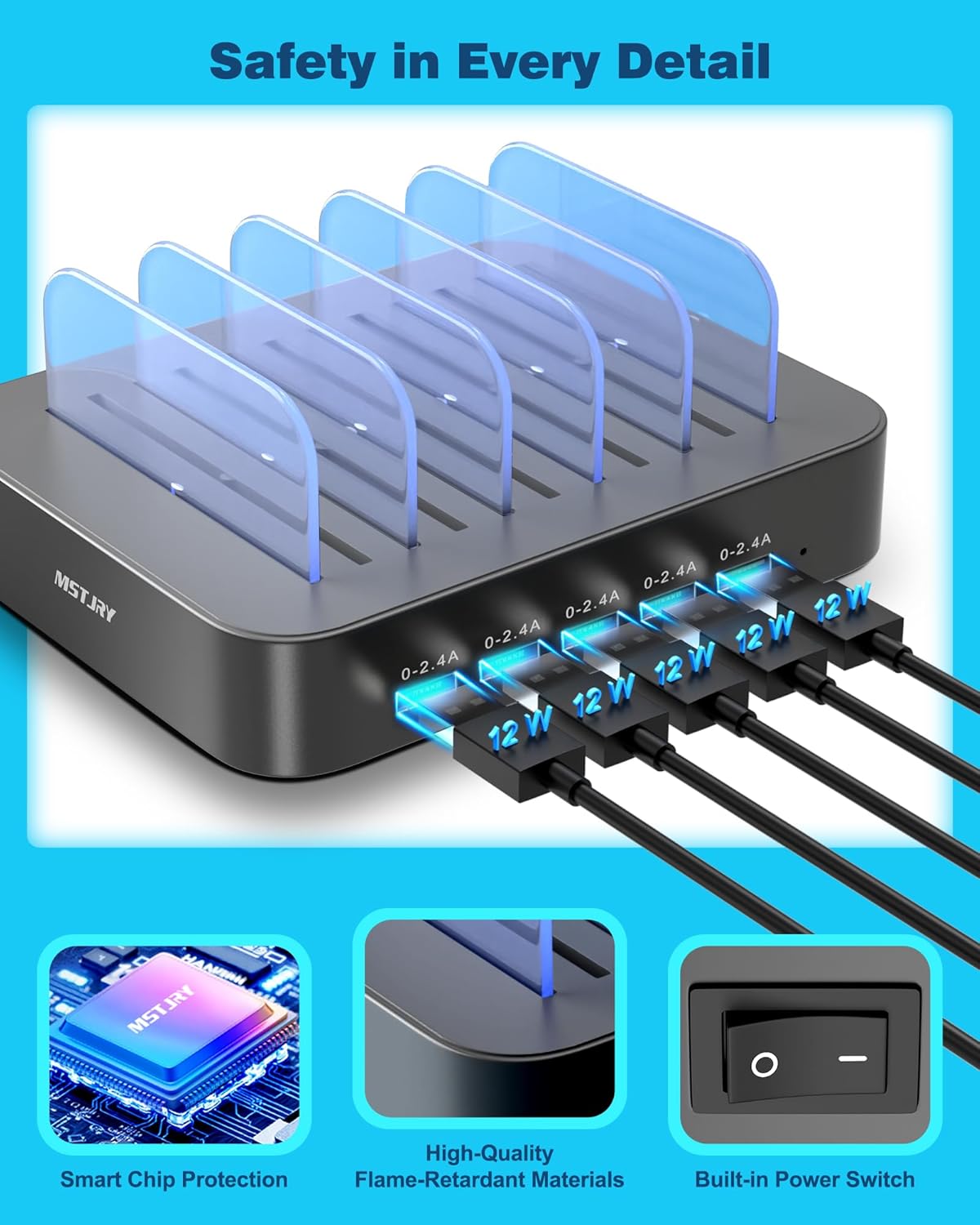 MSTJRY Charging Station for Multiple Devices : 5 Port Multi USB-A Charger Stations Multi-Device Organizer Charging Dock Designed for iPhone iPad Cell Phone Tablets (7 Short Cables Included), Gunmetal