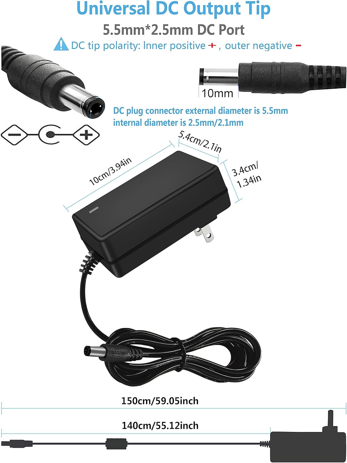 15V 2A DC Power Supply - AC 100V-240V Input to DC 15 Volt 2 Amp Adapter with 5.5mm x 2.5mm Plug and Size Tips