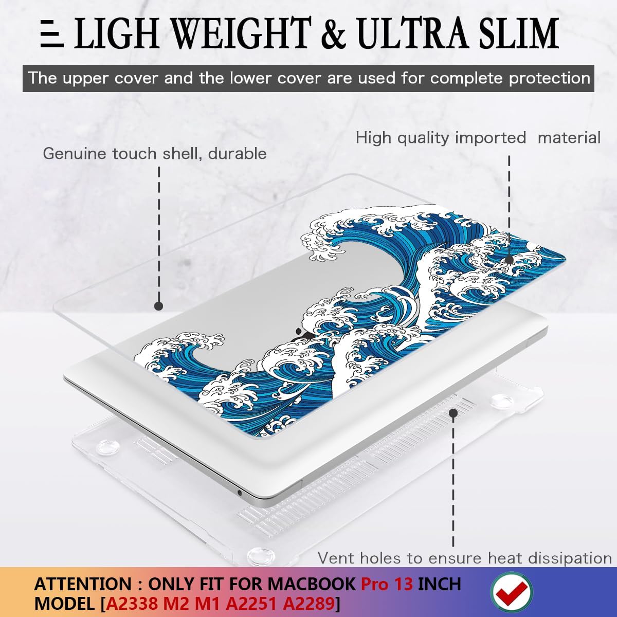 CISSOOK Wave Case for MacBook Pro 13 inch Case 2025-2020 Release, Ocean Hard Shell Cover for MacBook Pro 13 with Touch Bar M2 Chip A2338 M1 A2251 A2289 with Keyboard Cover +Screen Protector