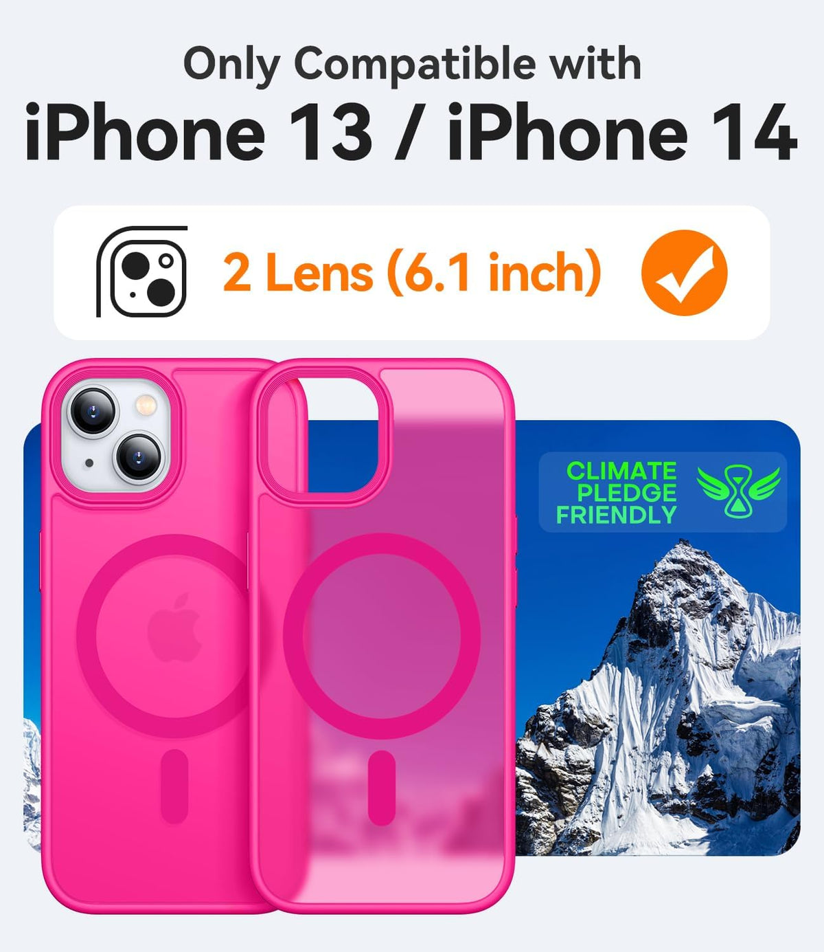 CANSHN Translucent Matte Back Case for iPhone 14/iPhone 13, Compatible with MagSafe, Hot Pink