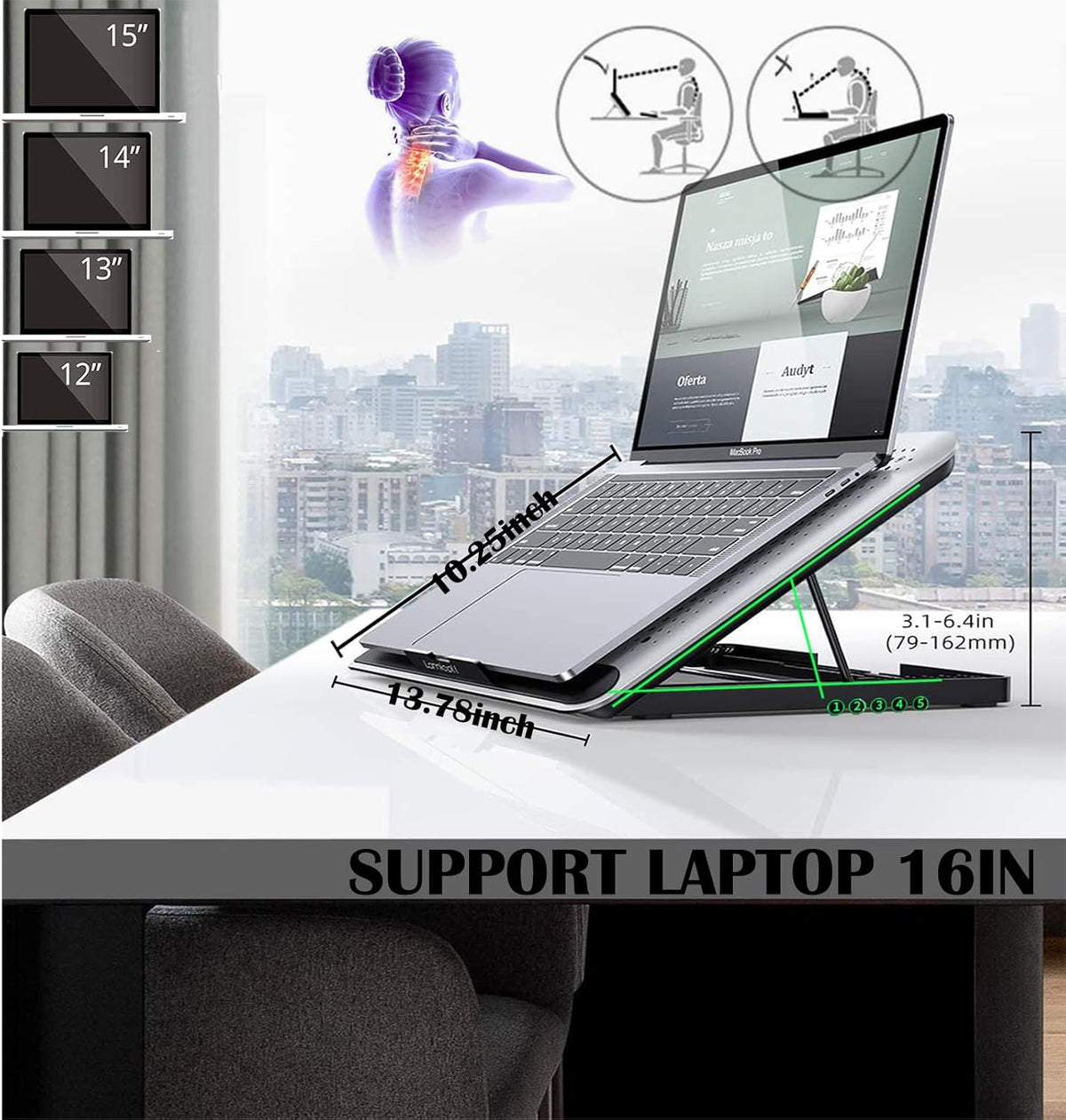 16inch Single Fan Lap Chill Mat - Aluminum Panel Laptop Cooling Pad, Heat Protection Laptop Cooler, Adjustable Foldable Long Stand, Fans Switch with dimmable-Speed, USB-A Connection Laptop Fan