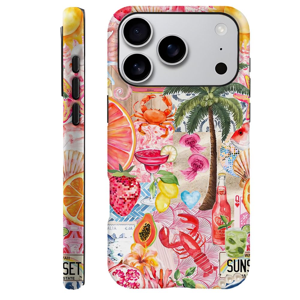 Compatible With Iphone 17 Pro,Durable & Shockproof Phone Case Cover Design - Beach Palm Trees Pink Fruits Collage