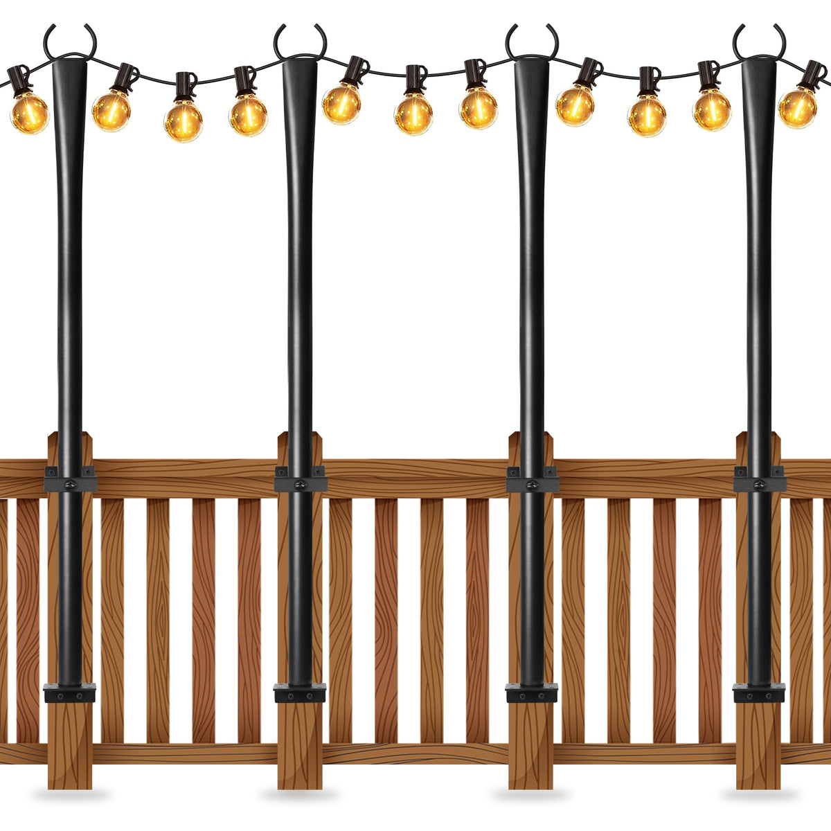 4 Pack String Light Poles for Deck, 5Ft Upgraded Heavy-Duty Metal Deck Light Poles for Outside with Fixing Clips, Lighting Hanging Post Accessories