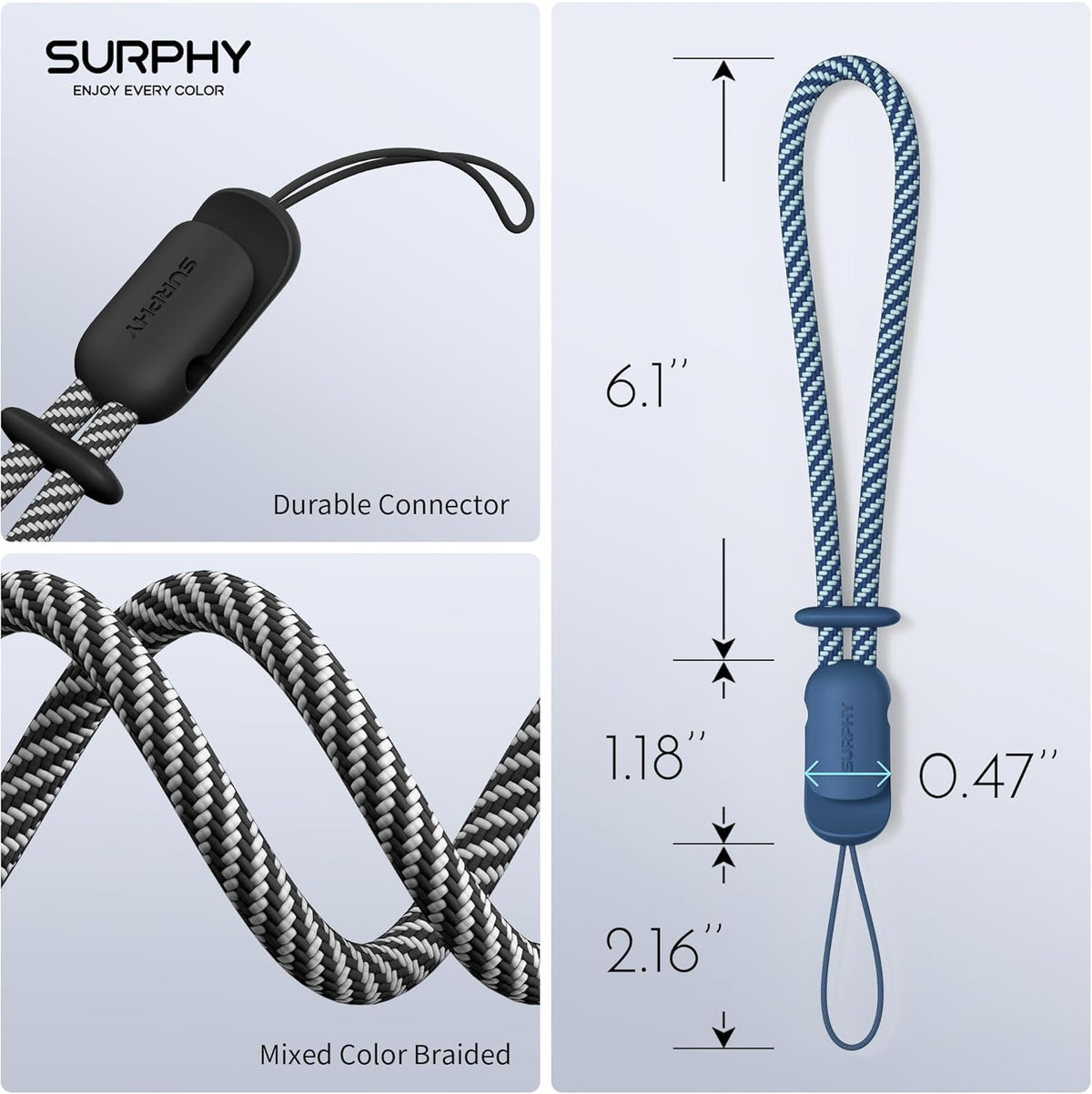 SURPHY 2 Pack Phone Lanyard for Cellphone Case, Phone Wrist Strap for Case, Cellphone Strap with 2-Color Braided, Charm Wrist Lanyard for Women, Cellphone Wrist Lanyard for Women, Black & Blue Jay