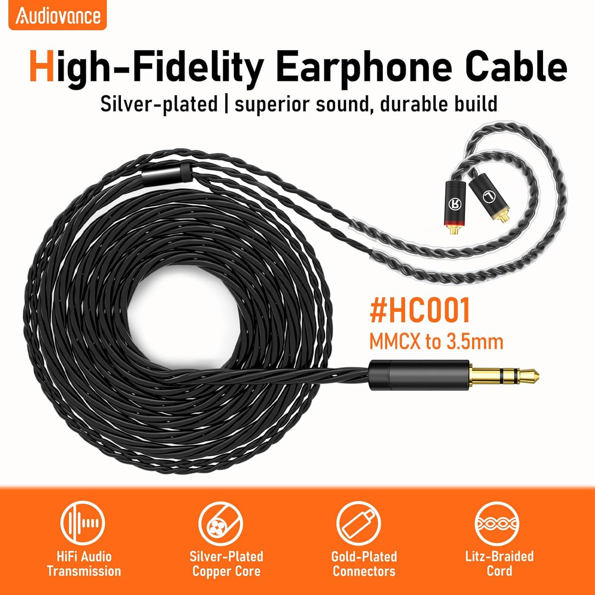 Premium HiFi IEM Cable - Silver-Plated 3.5mm to MMCX Cord, Lossless-Sound in-Ear Monitor Cables for Vibes 201/202, Shure SE215/315/425/535/846-Black (HC001)