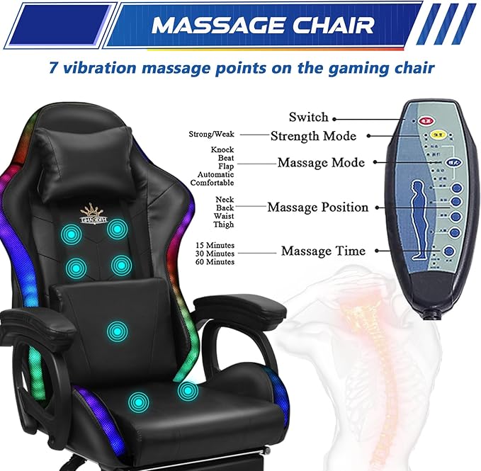 RGB Gaming Chair with Massage and Footrest Large Ergonomic Computer Desk Chair Video Gaming Chair with Speakers and Lumbar Support Height &amp Angles Adjustable Reclining Gamer ChairPink